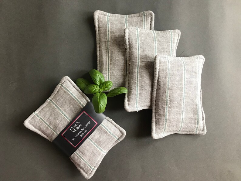 Natural eco friendly dish wash cloth. Set of 2 gray linen reusable sponges with green stripes Washable unsponge for a zero waste home