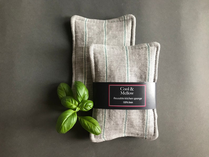 Natural eco friendly dish wash cloth. Set of 2 gray linen reusable sponges with green stripes Washable unsponge for a zero waste home