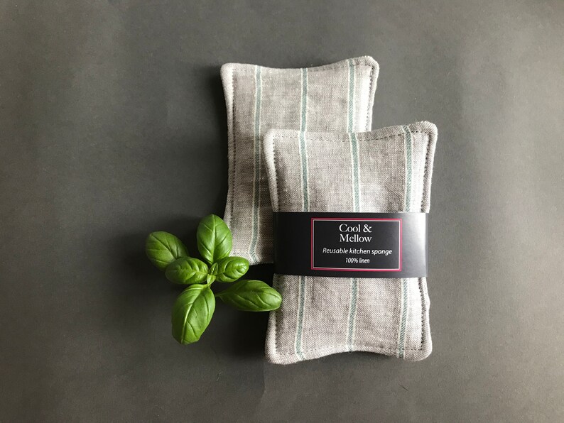 Natural eco friendly dish wash cloth. Set of 2 gray linen reusable sponges with green stripes Washable unsponge for a zero waste home