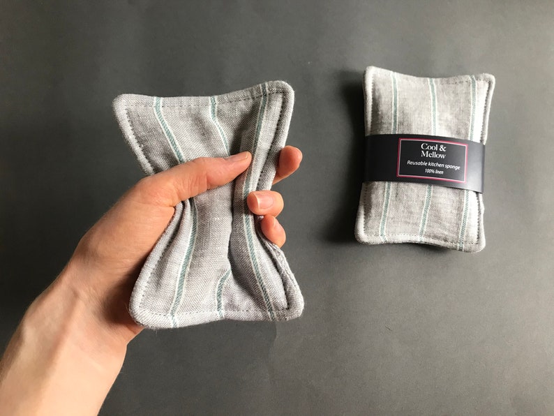 Natural eco friendly dish wash cloth. Set of 2 gray linen reusable sponges with green stripes Washable unsponge for a zero waste home