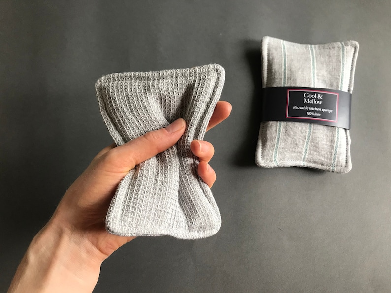 Natural eco friendly dish wash cloth. Set of 2 gray linen reusable sponges with green stripes Washable unsponge for a zero waste home