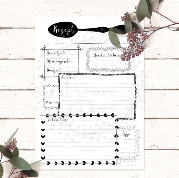 Recipe Sheet Digital File Print Template Black White Frame Etsy