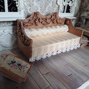 Château Style Dollhouse Sofa With Floral Carvings and Lace, Miniature French Romantic Couch, One Inch Scale