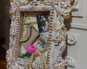 Miniature Shadowbox Dollhouse Decor: Victorian Style, Pearl Necklace & Rose