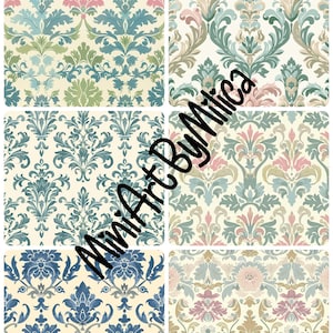 Puede incluir: Una colección de seis diseños estampados con motivos florales y de desplazamiento en varias paletas de colores. Los colores incluyen azul, rosa, verde y beige. El texto "MiniArt By Milica" es visible.