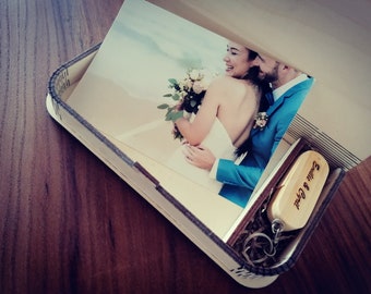 boîte photo en bois avec gravure personnalisée + clé usb/ coffret photo mariage / clé usb mariage/ clé usb personnalisée