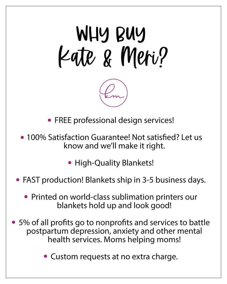 May include: A white background with purple text that reads "WHY BUY Kate & Meri?" with a purple circle containing the letters "km" in the center. The text below lists reasons to buy from Kate & Meri, including free design services, a 100% satisfaction guarantee, high-quality blankets, fast production, and a portion of profits going to nonprofits.