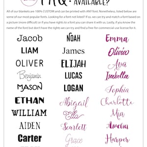 May include: A chart of popular baby names with a list of fonts available for use on custom blankets. The names are listed in three columns, with the names in each column in a different font style. The text at the top of the chart reads "FAQ: WHAT FONTS ARE AVAILABLE?"