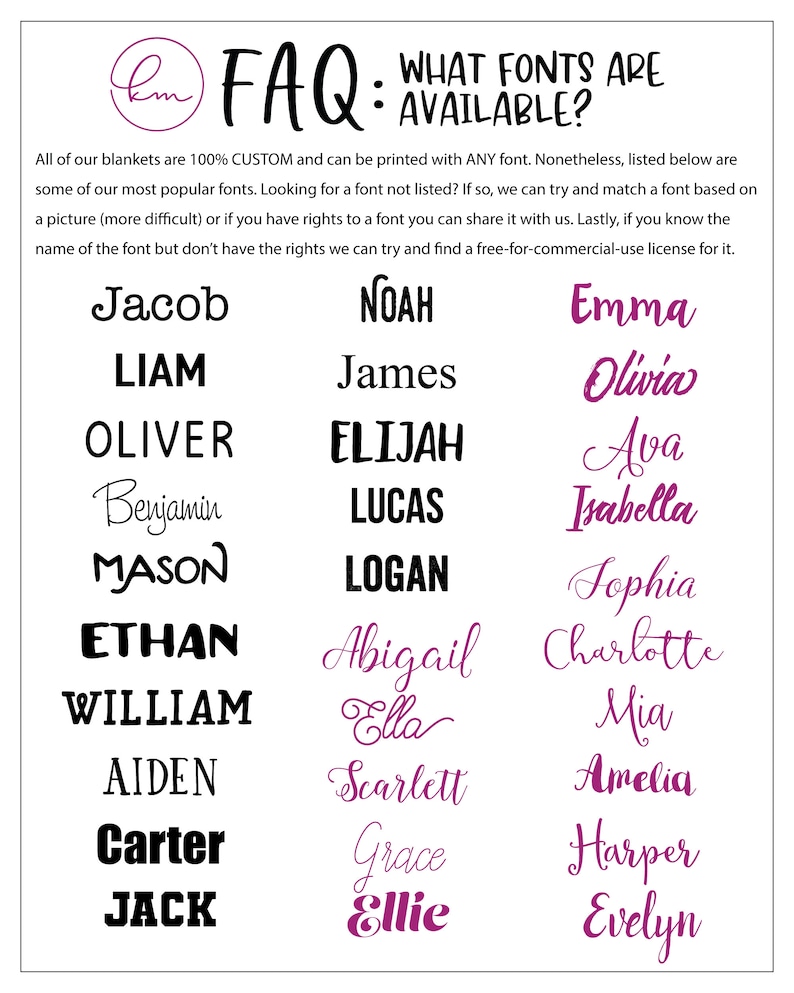 May include: A chart of popular baby names with a list of fonts available for use on custom blankets. The names are listed in three columns, with the names in each column in a different font style. The text at the top of the chart reads "FAQ: WHAT FONTS ARE AVAILABLE?"