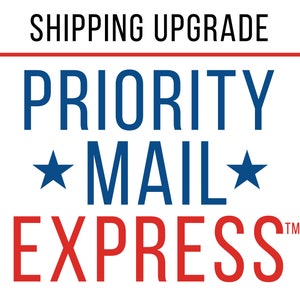 May include: A blue and red logo with the text "SHIPPING UPGRADE" in black, "PRIORITY MAIL" in blue with a white star on each side, and "EXPRESS" in red with a trademark symbol.