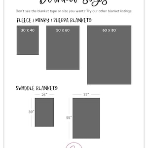 May include: A chart showing different sizes of fleece, sherpa, and minky blankets, as well as swaddle blankets. The chart includes measurements in inches.