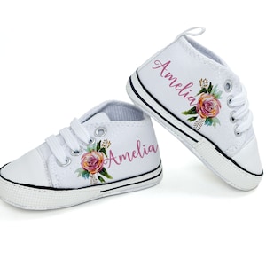 Custom Baby Shoes With A Watercolor Rose, Personalized Baby Shoes, Personalized Walkers, High Top Shoes, Baby Gift, Toddler Shoes