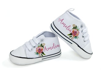 Custom Baby Shoes With A Watercolor Rose, Personalized Baby Shoes, Personalized Walkers, High Top Shoes, Baby Gift, Toddler Shoes