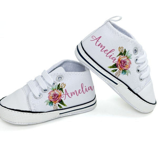 Custom Baby Shoes With A Watercolor Rose, Personalized Baby Shoes, Personalized Walkers, High Top Shoes, Baby Gift, Toddler Shoes