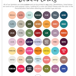 May include: A chart of 48 different color swatches, each with a name written in white text. The colors are arranged in rows of 8. The colors include peachy, blush, mint, peacock, plum, steel, denim, slate, sand, moss, autumn, curry, sunset, indigo, cocoa, stone, sage, cherry, leaf, dove, pumpkin, lilac, rose, eggplant, periwinkle, warm gray, pinky, berry, sunshine, coral, blossom, tangerine, daffodil, sky, santa red, oyster, pearl, antique, humming bird, salmon, butter, taupe, charcoal, fuchsia, black board, rosewood, olive, orchid, and azure.