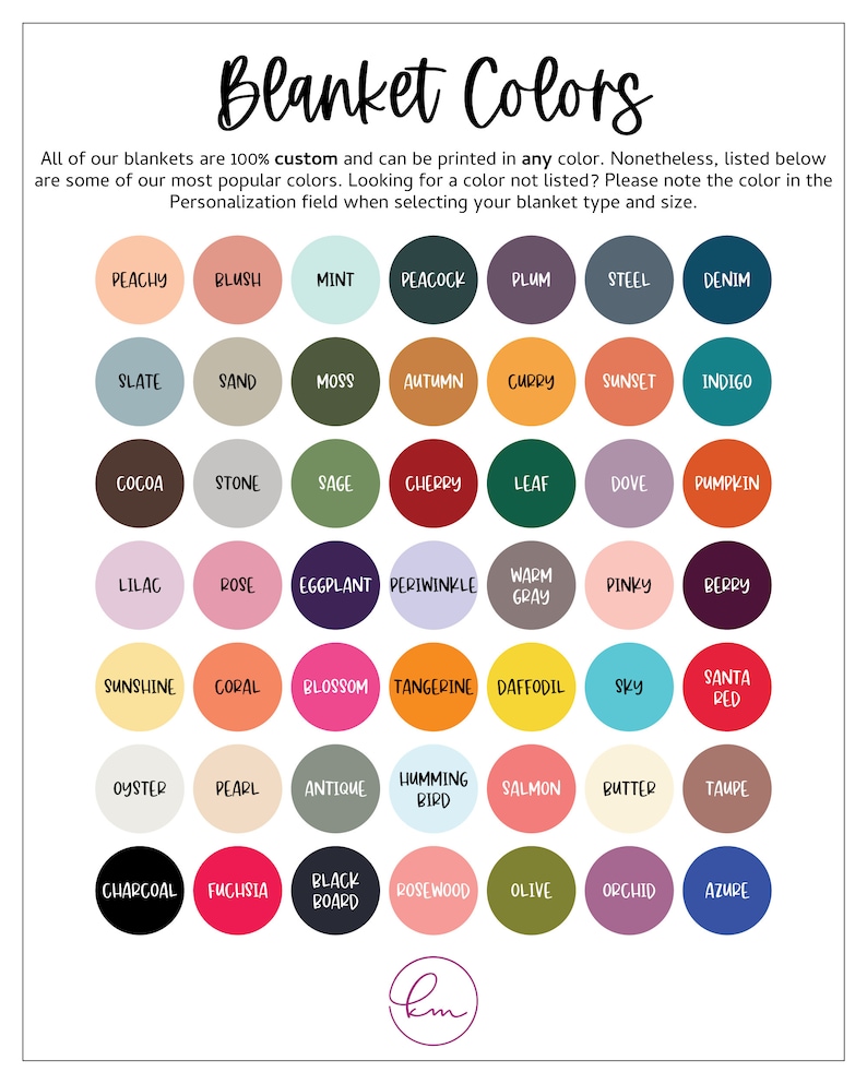 May include: A chart of 48 different color swatches, each with a name written in white text. The colors are arranged in rows of 8. The colors include peachy, blush, mint, peacock, plum, steel, denim, slate, sand, moss, autumn, curry, sunset, indigo, cocoa, stone, sage, cherry, leaf, dove, pumpkin, lilac, rose, eggplant, periwinkle, warm gray, pinky, berry, sunshine, coral, blossom, tangerine, daffodil, sky, santa red, oyster, pearl, antique, humming bird, salmon, butter, taupe, charcoal, fuchsia, black board, rosewood, olive, orchid, and azure.