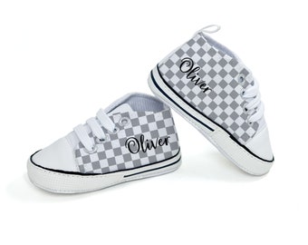 Custom Baby Checkered Shoes, Personalized Baby Shoes, Personalized Walkers, High Top Shoes, Baby Gift, Toddler Shoes