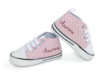 Custom Baby Shoes With Pink Polka-Dots, Personalized Baby Shoes, Personalized Walkers, High Top Shoes, Baby Gift, Toddler Shoes