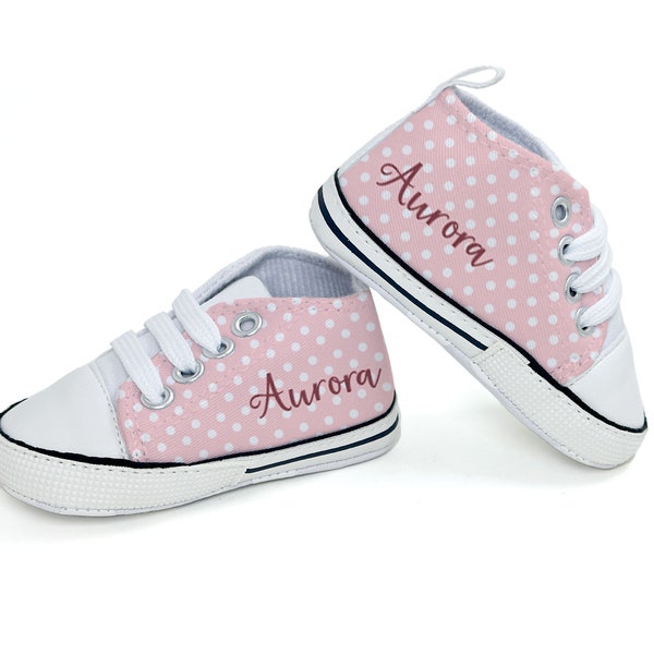 Custom Baby Shoes With Pink Polka-Dots, Personalized Baby Shoes, Personalized Walkers, High Top Shoes, Baby Gift, Toddler Shoes