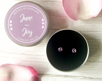 June Birthstone Stud Earrings in a Keepsake Gift Tin