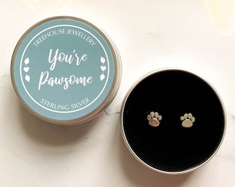 Sterling Silver 925 Pawprint Stud Earrings in a Gift Tin