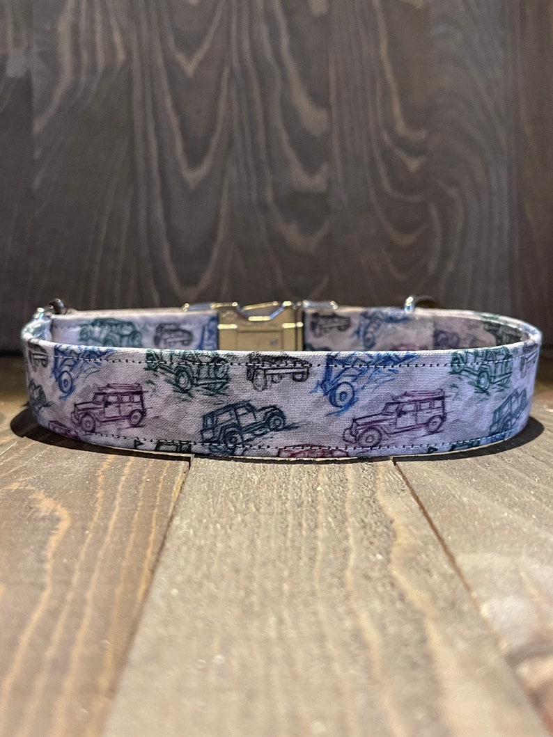 May include: A white dog collar with a silver buckle and a pattern of blue and green vintage cars.
