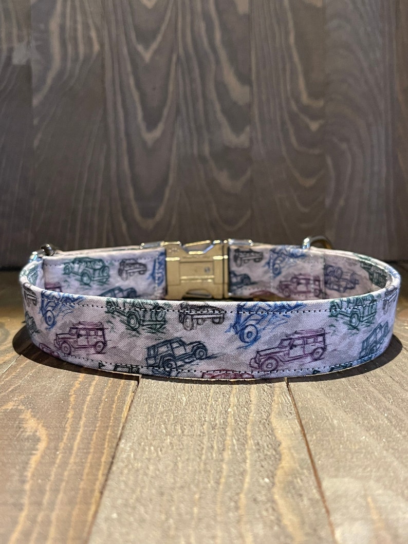 May include: A white dog collar with a silver buckle and a pattern of blue, green, and purple cars.