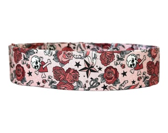 Old School Tattoo Dog Collar: Skulls & Roses, Cotton Pet Gift