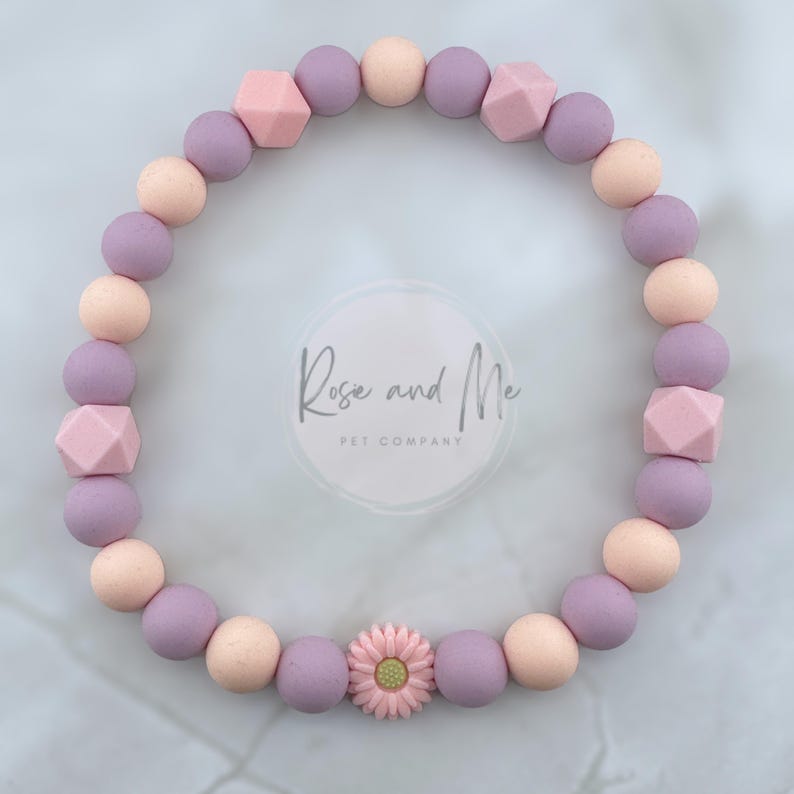 Puede incluir: Un collar para mascotas de silicona con cuentas rosadas y moradas con un dije de flor rosa. El collar tiene el logotipo "Rose and Me Pet Company".