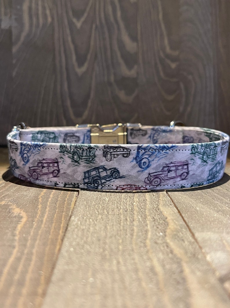 May include: White dog collar with a silver buckle and a pattern of blue and green vintage cars on a white background.