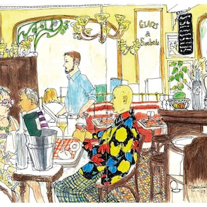 May include: A hand-drawn illustration of a Parisian cafe interior with four people sitting at tables. The cafe has a yellow and brown color scheme with a red checkered floor. The illustration is signed "Charte fable 10.10.23".