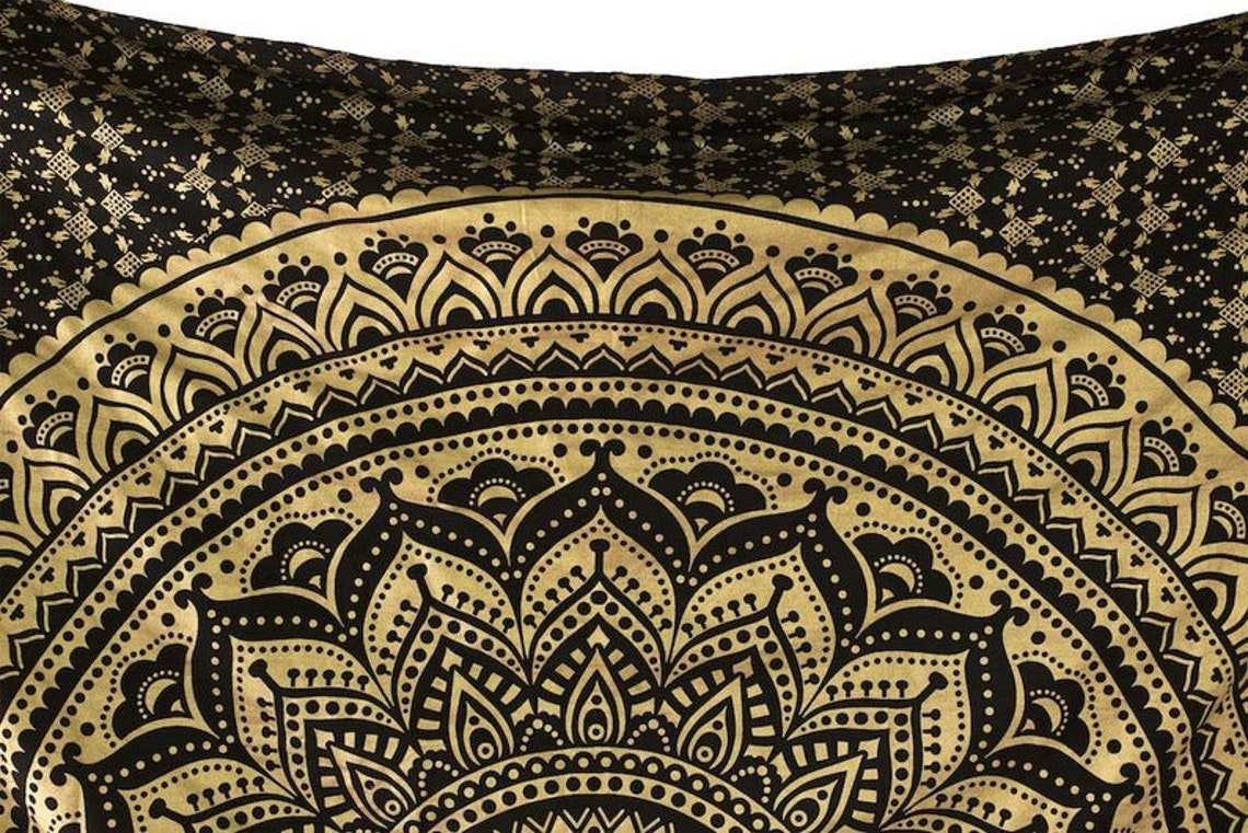 Tapestry Wall Hanging Mandala Tapestries Indian Black Gold Etsy