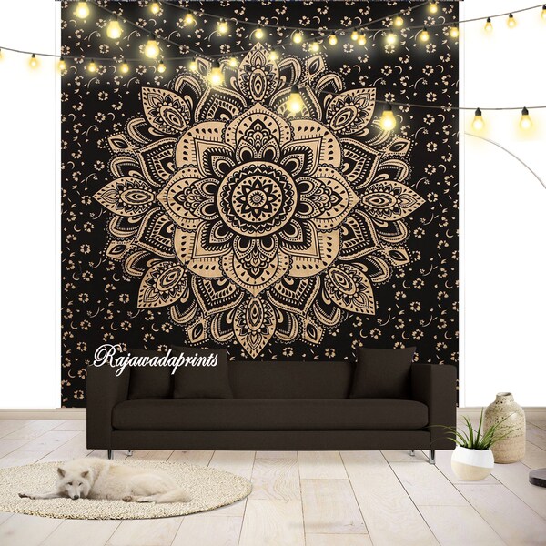 Indian Tapestry Black Gold Lotus Tapestry Wall Hanging Boho Cotton Bedspread Indian Beach Blanket Wall Art Hippie Table Cover