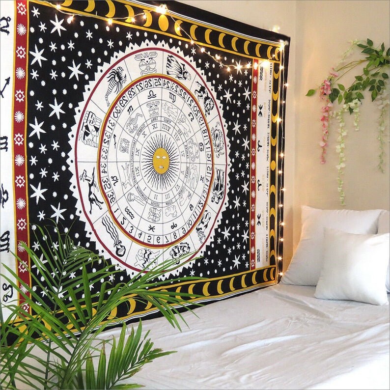 Yellow Twin Single Astrology Tapestry Wall Hanging Indian Cotton Bedspreed Size 55 X 85,Indian Hippie Cotton Mandala Tapestry Gypsy Traditional Zodiac Mandala Wall Hanging Twin Astrology Horoscope
