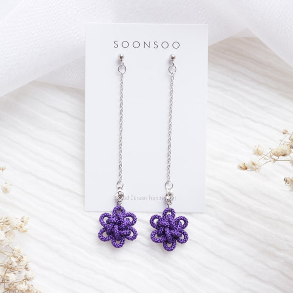 NOEUD COREEN Boucles d'oreilles, acier inoxydable, Pluie d'étoiles, violet foncé, artisanal, corée, cadeau, coréen,  korean, bts, k-pop