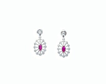 10K White Gold Genuine Ruby and Diamond Earrings