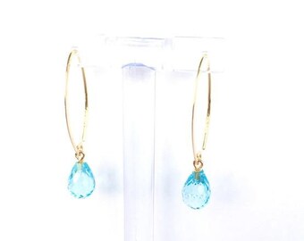 14K Yellow Gold Blue Topaz Earrings, 37mm