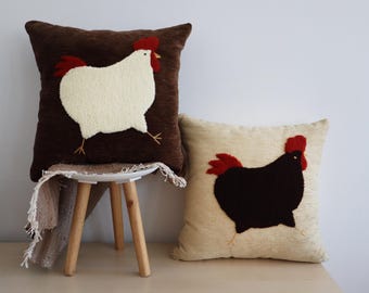 Embroidered Chicken Pillow Cover: Handmade Punch Needle Cozy Decor