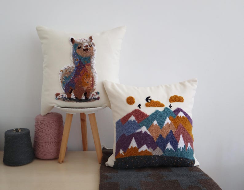 Tufted Punch Needle Pillow Cover: Embroidered Sofa Cushion Oriental Style, Floral Ornament image 1