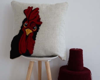 Rooster Cover Pillow Embroidered Precision Needle Handmade Pillowcase Cozy Decor Valentine's Pillowcase Unique present Animal Print