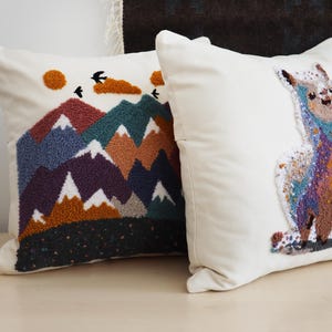 Tufted Punch Needle Pillow Cover: Embroidered Sofa Cushion Oriental Style, Floral Ornament image 2