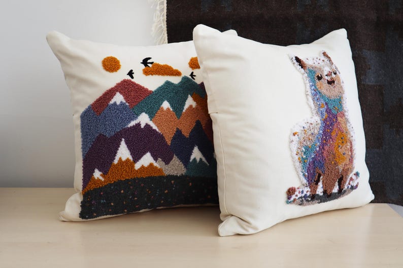 Tufted Punch Needle Pillow Cover: Embroidered Sofa Cushion Oriental Style, Floral Ornament image 2