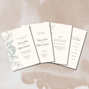 Könnte beinhalten: Eine Reihe von Hochzeitseinladungskarten mit tealfarbenen Blumendesigns. Die Namen "Maya Idris und Julian Amari" sind prominent dargestellt. Die Karten enthalten Details zur Hochzeitszeremonie, RSVP-Informationen und eine "Save the Date"-Karte.