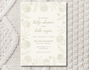Green Floral Baby Shower Invitation: Boho Canva Template (5x7 in, Digital Download)
