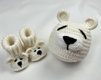 Conjunto de chapéu e botas de pelúcia para bebês, chapéu com orelhas de crochê, botas de bebê de malha, sapatos para recém-nascidos, meias, presente para bebê, pronto para enviar, revelação de gênero