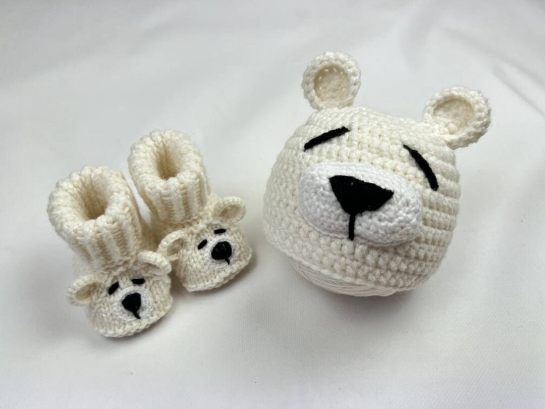 Baby Teddy Hat and Booties Set Crochet Ears Hat Knitted Baby Booties ...