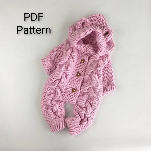 Knitting ROMPER PATTERN PDF, Knit Downwards Top to Bottom Hooded One Piece Jumpsuit, 0-3, 3-6 Baby Overall Leggings Knitted Bear Pom Jumper
