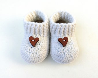 Baby Moccasins,Baby First Shoes,Crochet Booties, Soft Sole Oatmeal Gender Neutral Infant Booty, Ivory and Warm Brown Newborn Boots for Girl