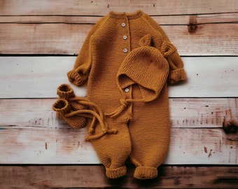 Ours Ensemble barboteuse et chaussons pour bébé Combinaison en tricot pour bébé fille garçon Vêtements d'hiver pour nouveau-né pour bébé Ensemble nouveau-né Coffret cadeau pour nouvelle maman Tenue à emporter