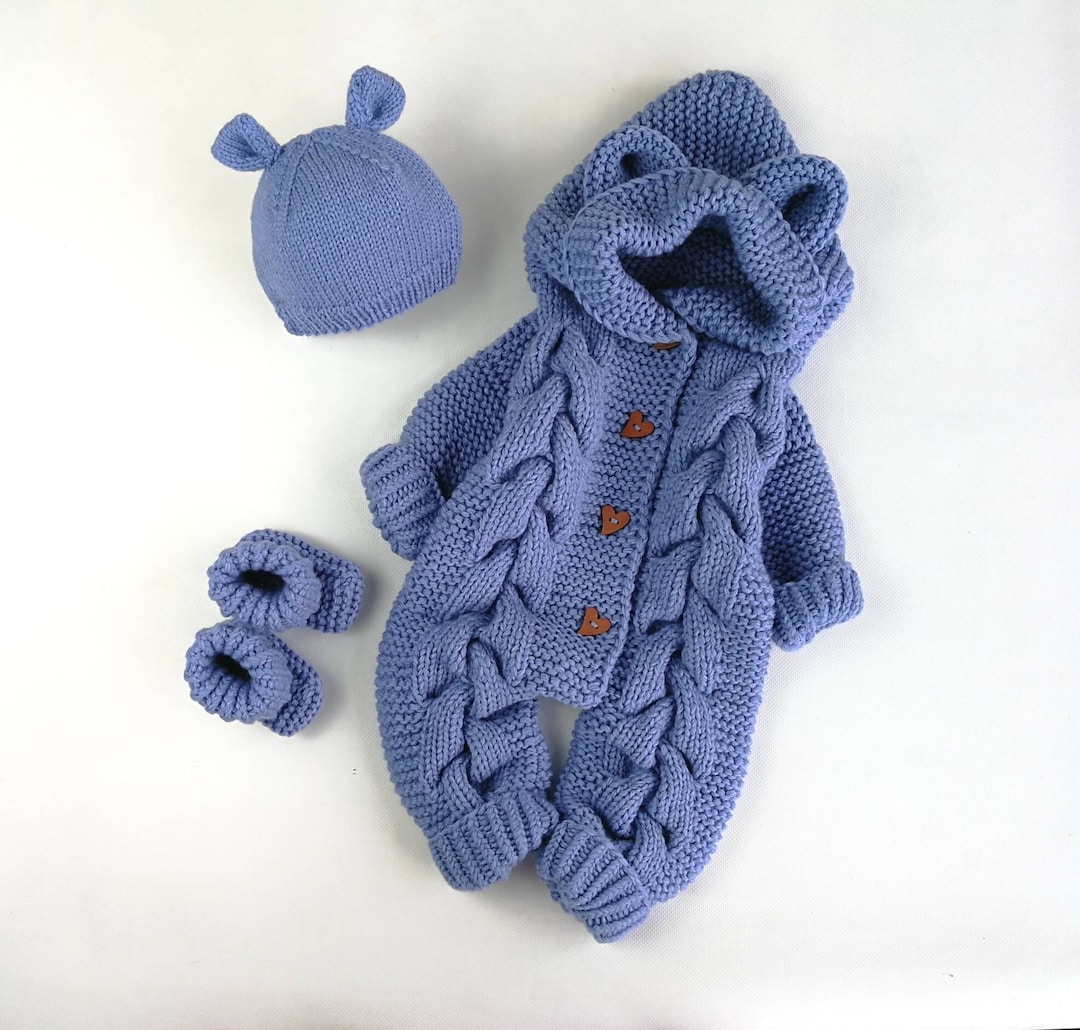 Baby Strampler Gestrickt Mit Hut - Winter Overall Für Neugeborene Jungen Mädchen 0-6 Monate